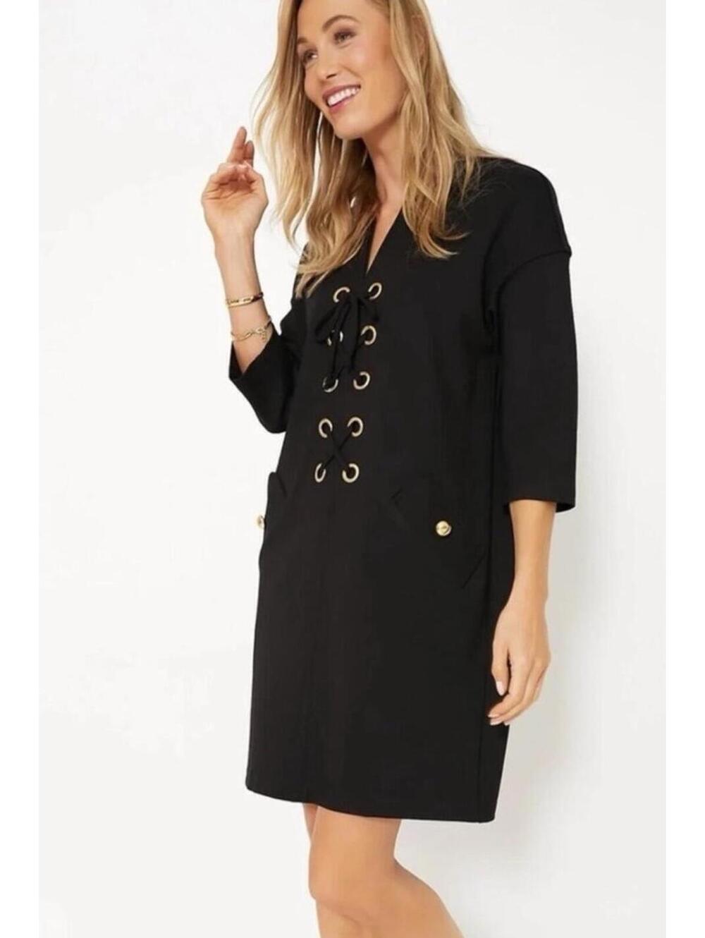 Tuckernuck Black Lace-Up Front Ellington Ponte Shift Dress with 3/4 Sleeves S